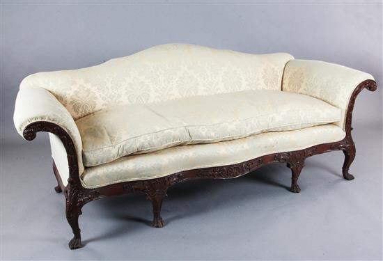 A George III style mahogany camel back settee, W.7ft D.2ft 8in. H.3ft 2in.